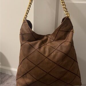 Tory Burch Brown Quilted Satchel with Gold Chain